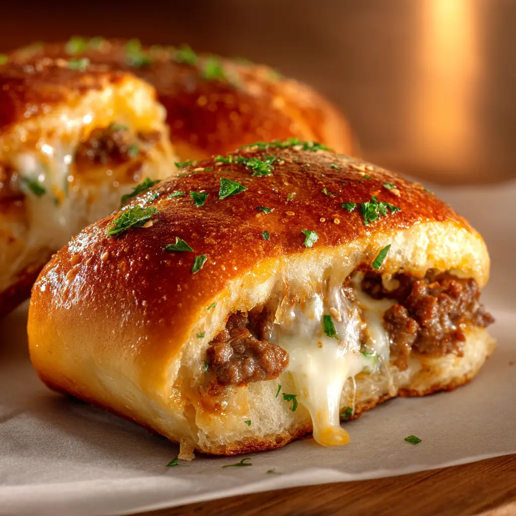 The savory ground beef and cheese filling for the stuffed rolls being prepared in a skillet.