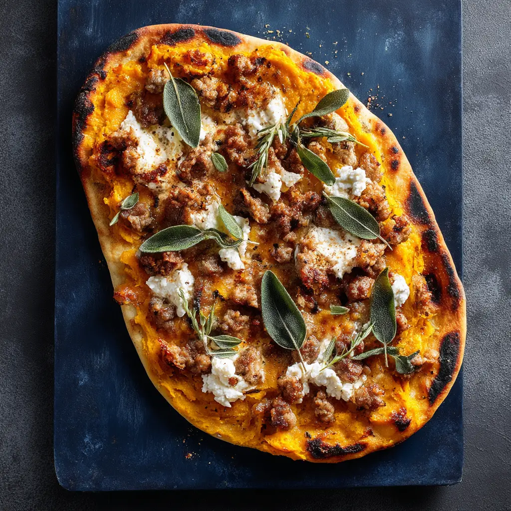 A close-up slice of harvest pizza being served. You can see the melted mozzarella and goat cheese, the crispy prosciutto, and the tender butternut squash on a golden crust.