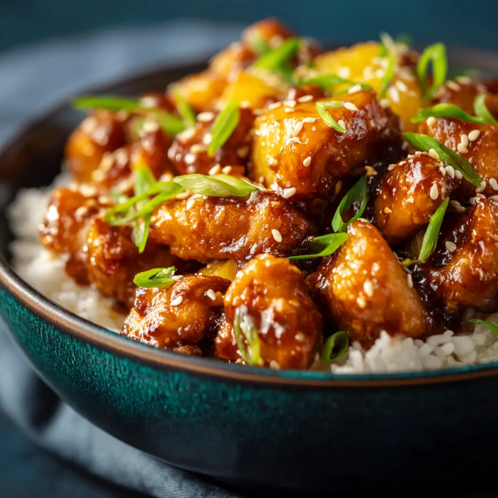 A bowl of Sweet Hawaiian Crockpot Chicken served over a bed of white rice, garnished with fresh cilantro and sesame seeds, ready to be eaten.