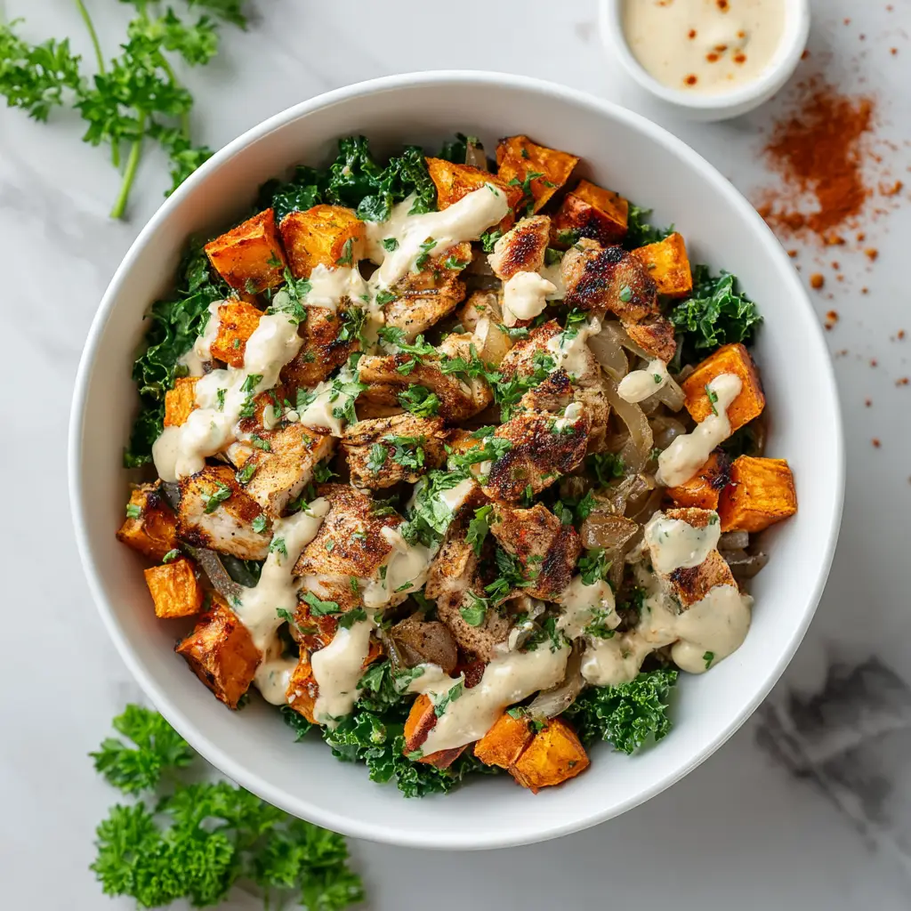 Two finished chicken and sweet potato bowls ready to be served, showcasing the vibrant colors and creamy dressing.