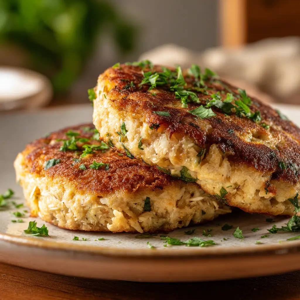 A serving of healthy high-protein cottage cheese tuna cakes next to a fresh green salad.