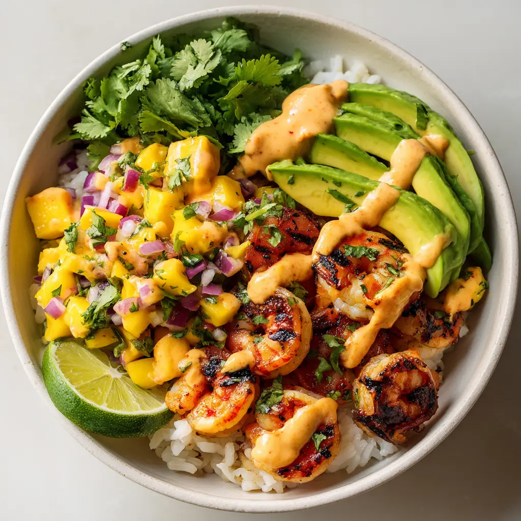 A spoonful of the healthy shrimp bowl being lifted, showing the cooked shrimp, quinoa, and fresh vegetables together.