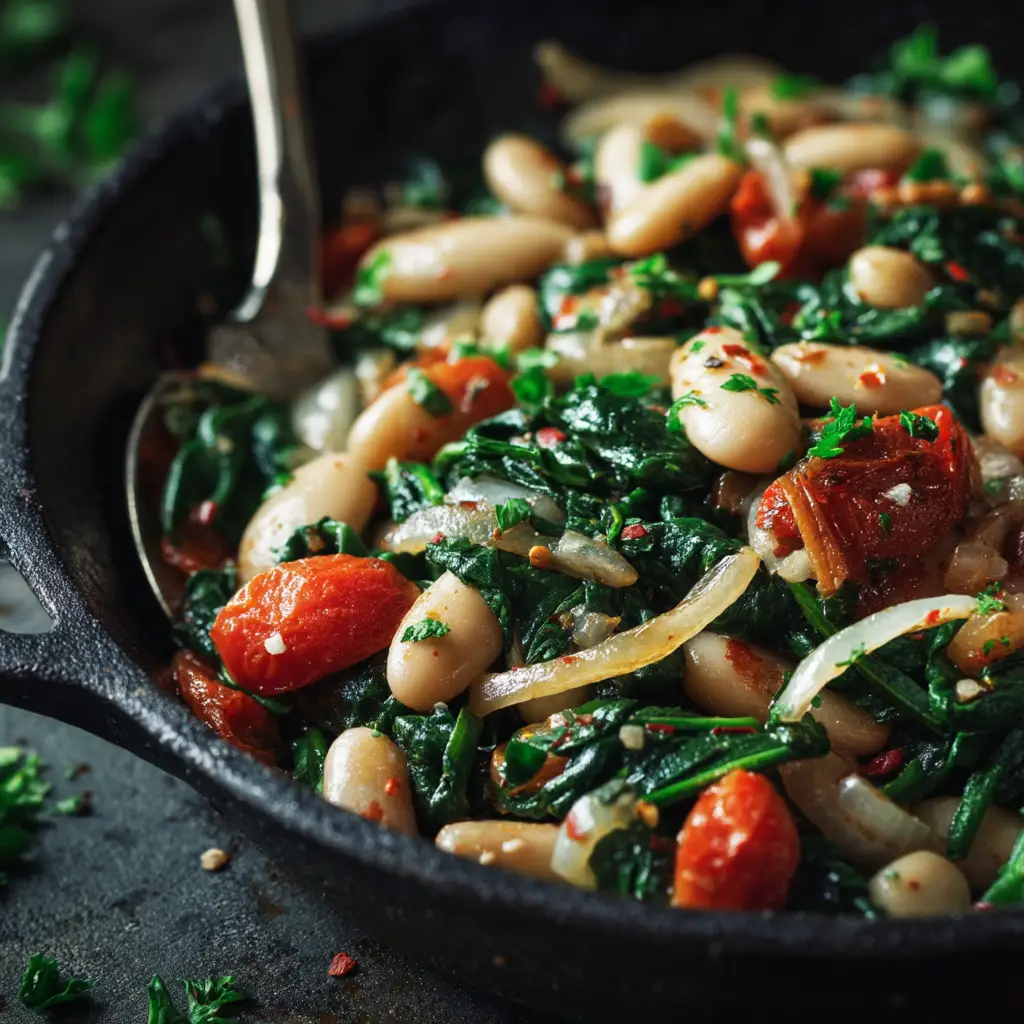 An extreme close-up of the healthy spinach and bean skillet, showing the creamy texture of the cannellini beans and wilted greens.