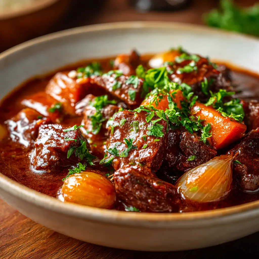 A close-up shot of a hearty beef stew in a cast-iron pot, showcasing the tender chunks of beef and vibrant vegetables in a savory sauce.