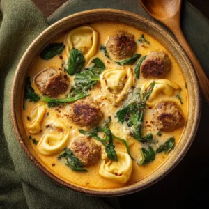 An overhead close-up shot of a rustic bowl of hearty meatball soup. The meatballs are nestled in a rich, creamy tomato broth with wilted spinach.