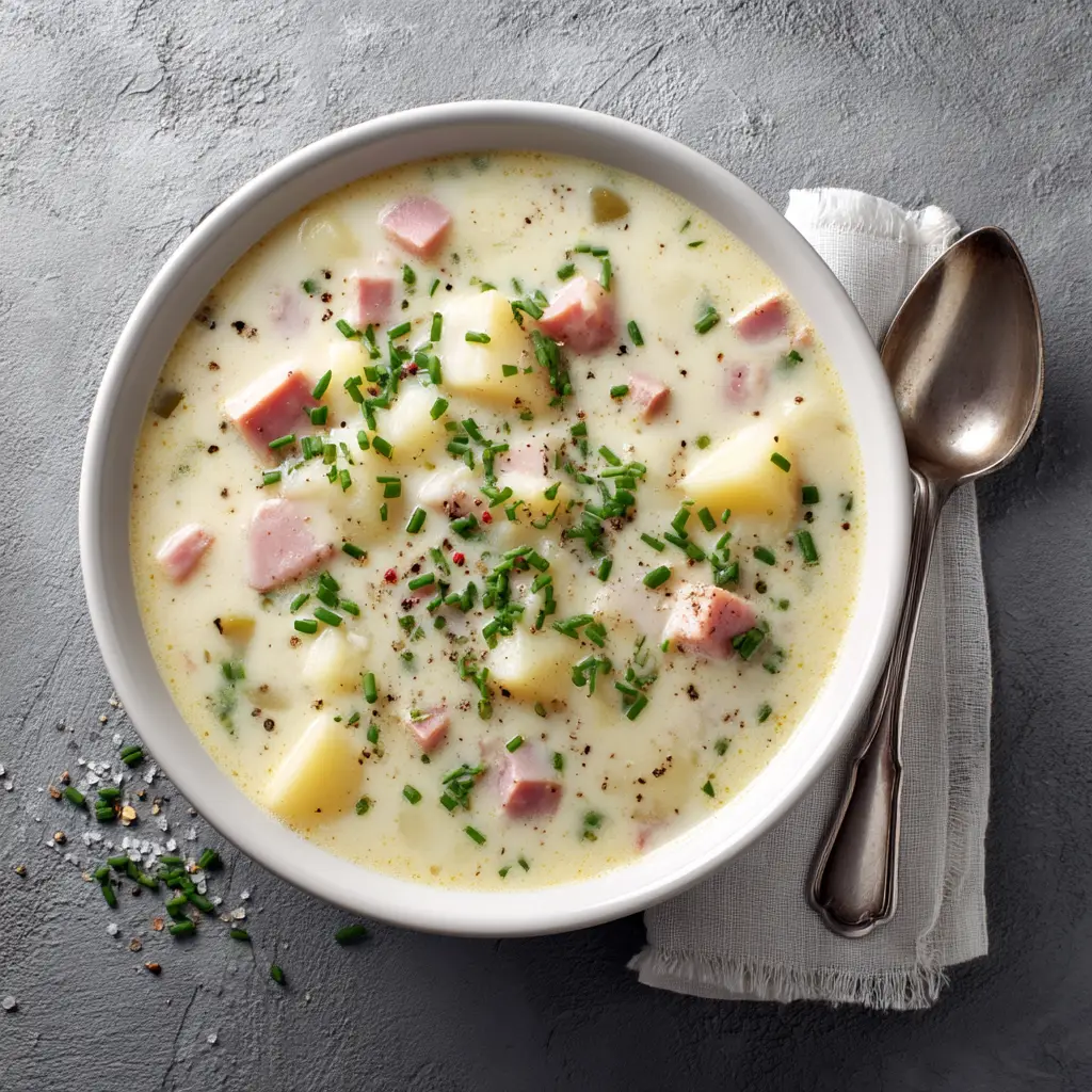 Creamy Potato and Ham Soup (The Ultimate Comfort Food) 2 A close-up view of a hearty potato ham soup in a white bowl, showing tender chunks of potato and diced ham in a rich broth.
