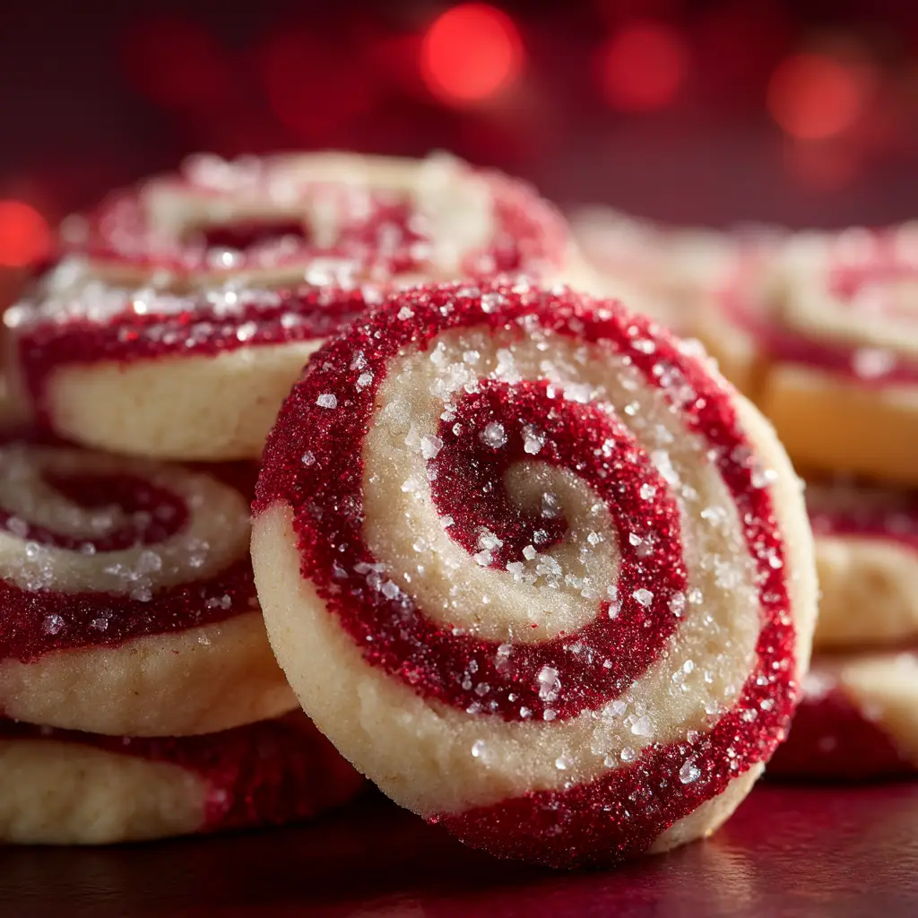 A macro shot of freshly baked Christmas candy cane cookies piled together, highlighting their buttery texture and festive appearance.