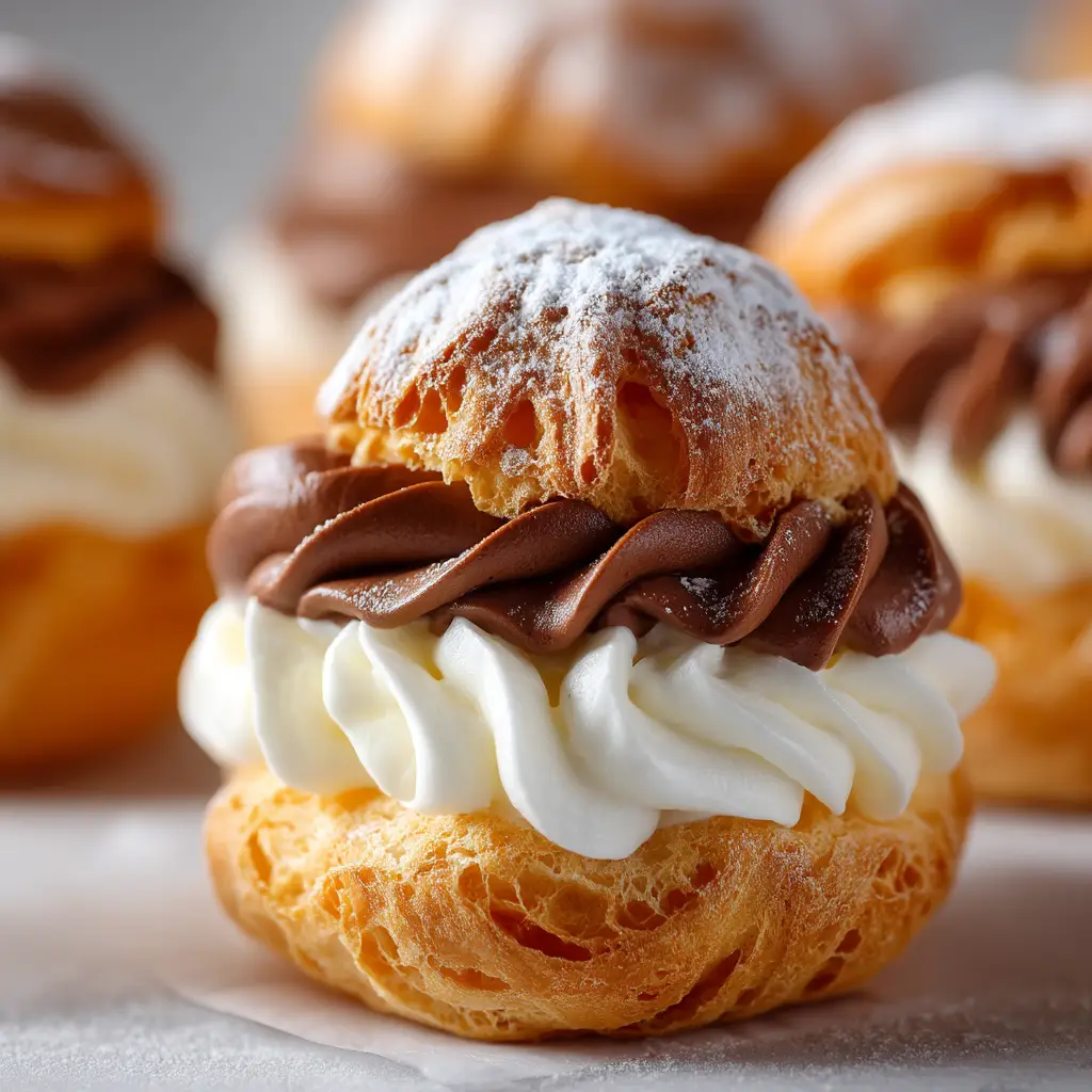 An extreme close-up of a homemade cream puff, highlighting the crisp texture of the choux pastry shell and the creamy filling inside.