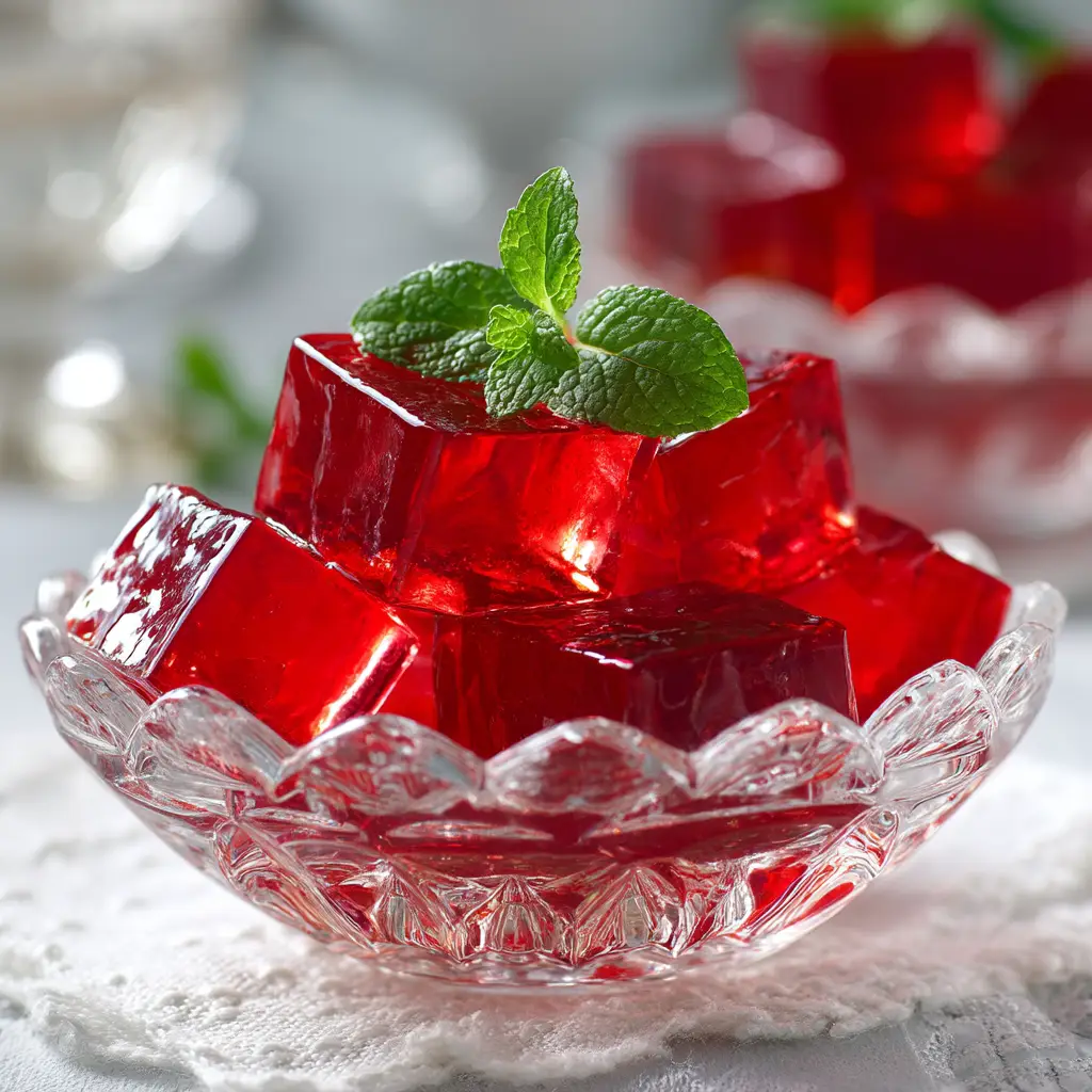 A spoonful of delicious red cubes made with our fruit gelatin recipe, showing off the dessert's perfect texture.