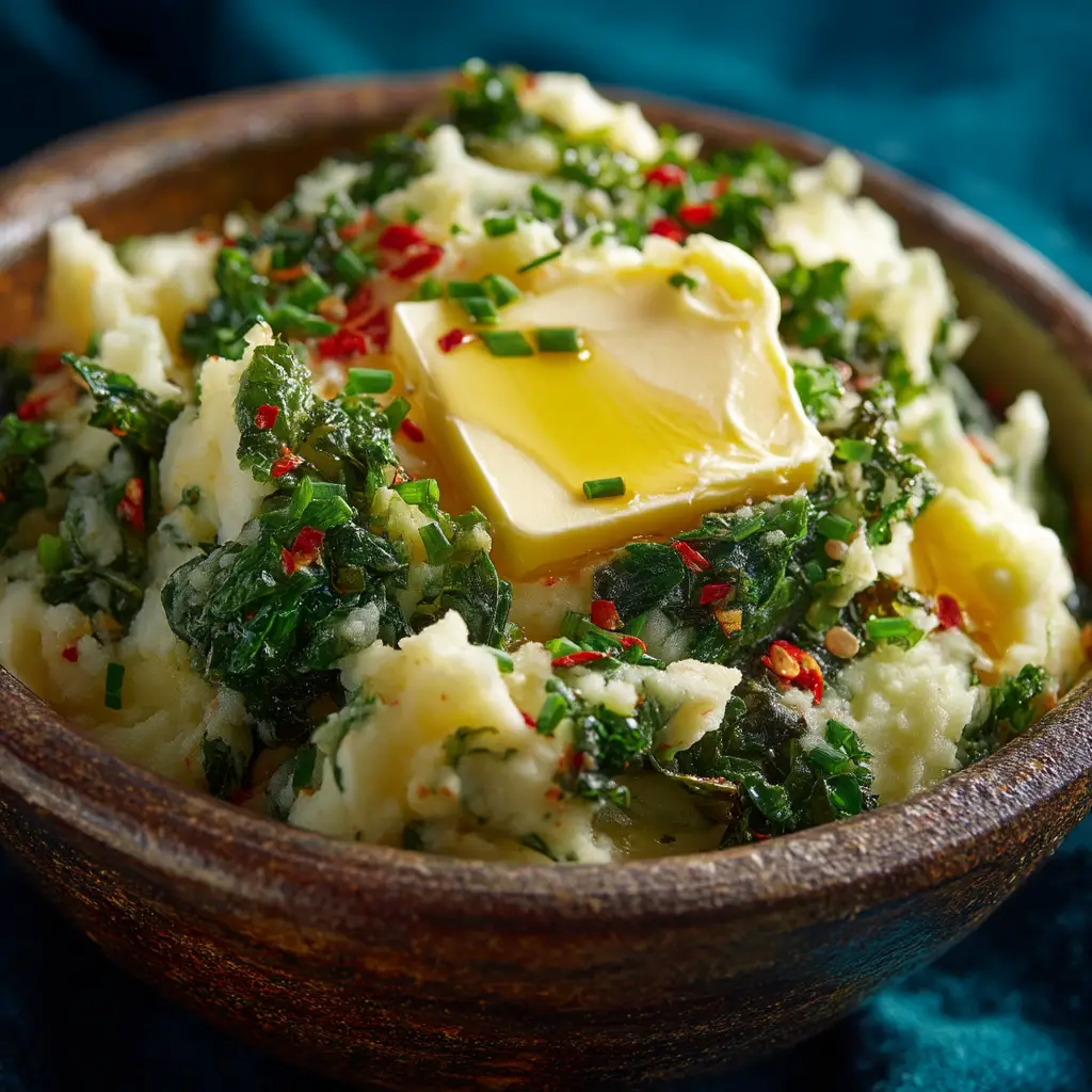 A spoonful of homemade Irish colcannon being lifted from a bowl, illustrating its rich and creamy consistency.