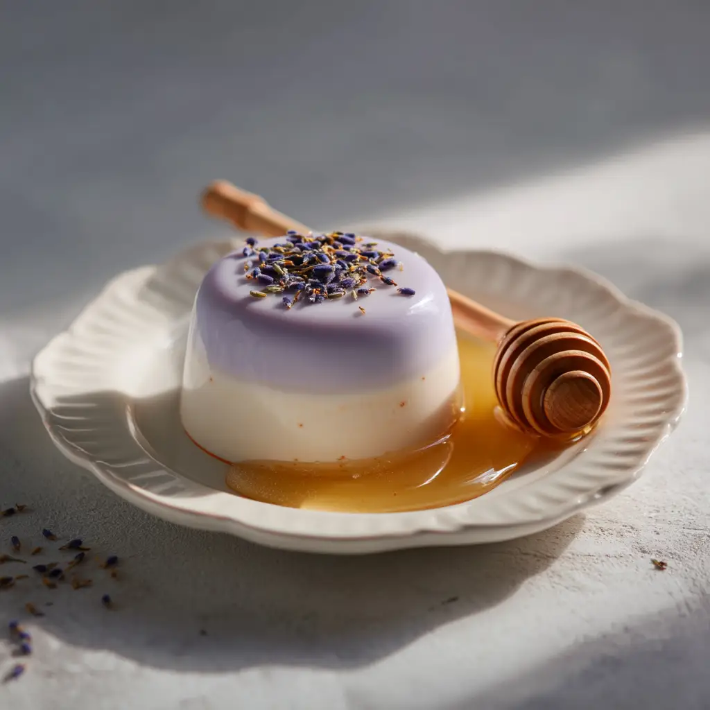 Several glasses of homemade lavender honey panna cotta chilling, ready to be served for an elegant dessert course.