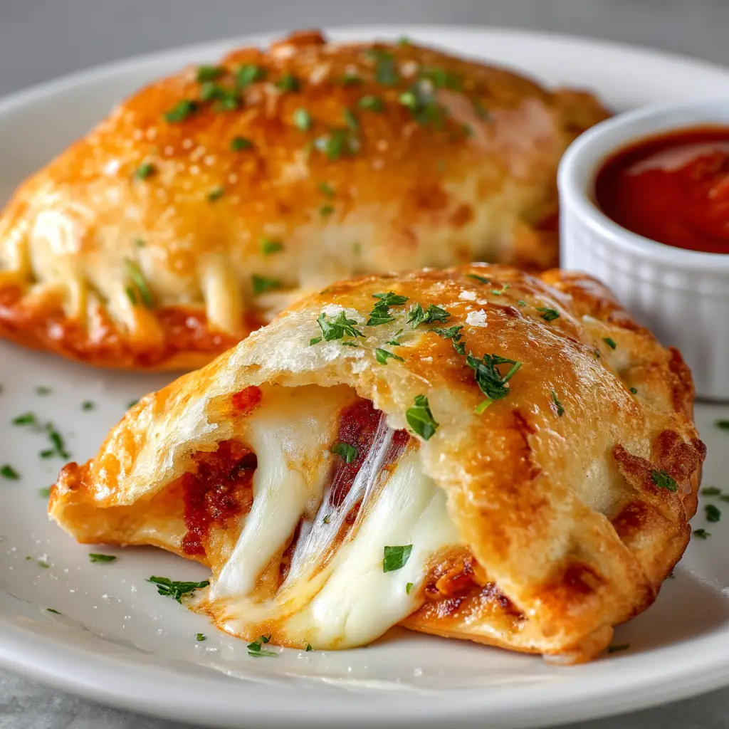 A baked pizza pocket cut in half to show the gooey, melted cheese and pepperoni filling inside.