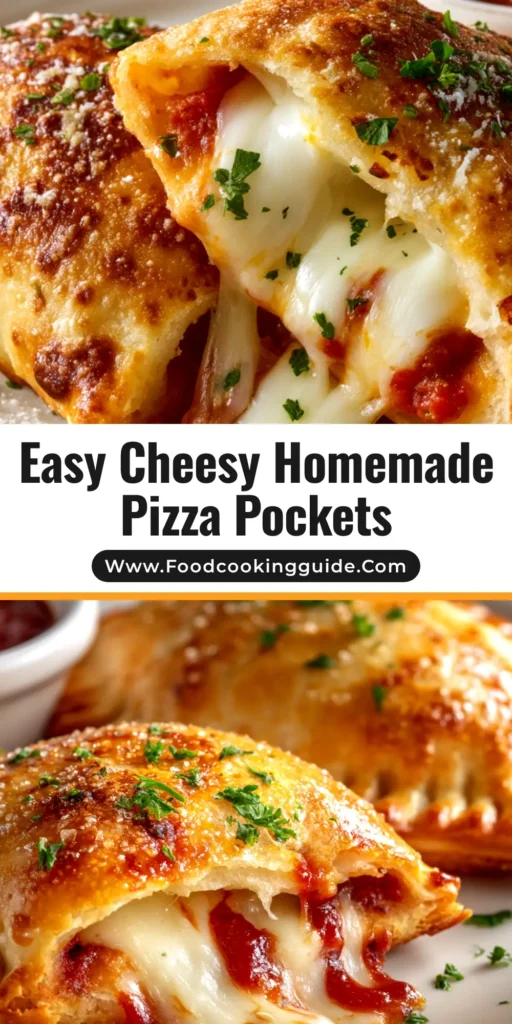 A shareable pin image for easy homemade pizza pockets. Golden-brown baked pockets are shown on a platter with a title overlay.