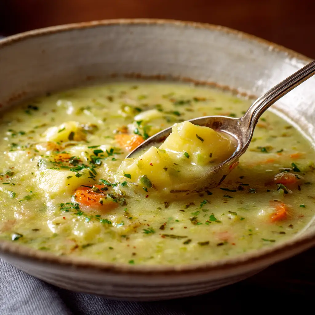 A bowl of rich and creamy homemade potato soup, showcasing the simplicity and elegance of the final dish.