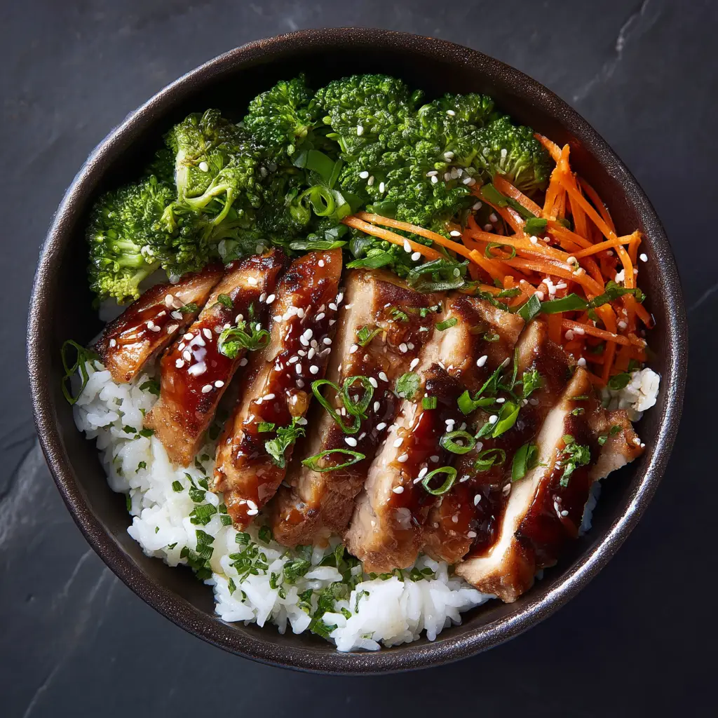 An overhead view of a completed homemade teriyaki chicken rice bowl, beautifully arranged with broccoli, carrots, and edamame.