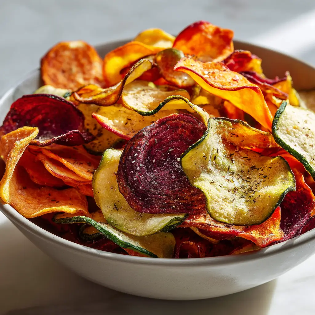 An overflowing bowl of freshly made homemade vegetable chips, highlighting their crunchy texture and vibrant colors from beets and carrots.