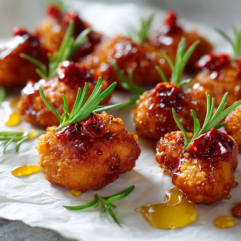 An extreme close-up of a crispy, honey glazed chicken thigh, showing the texture of the caramelized sauce.