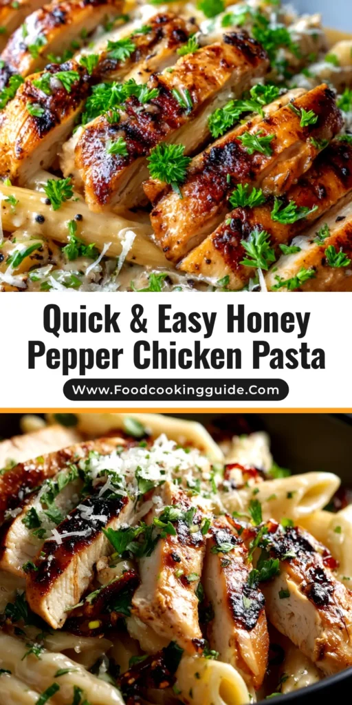A large white bowl filled with delicious Honey Pepper Chicken Pasta, garnished with fresh parsley. The pasta and chicken are coated in a glossy, sweet and savory sauce.