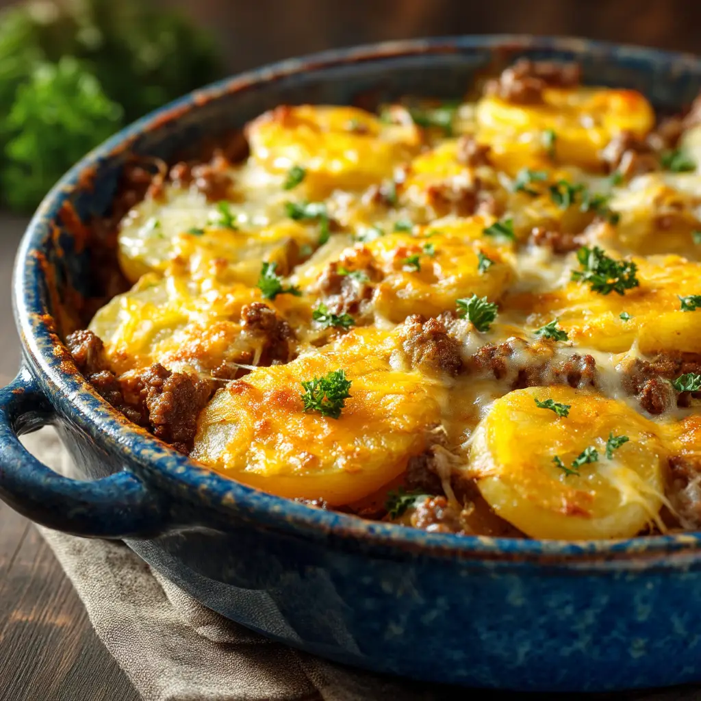 The layered ingredients of the Cheesy Hamburger Potato Casserole before baking, showing sliced potatoes and the creamy beef mixture.