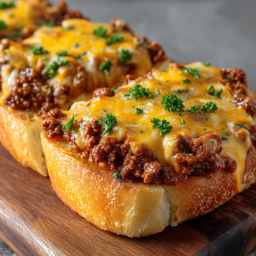 A close-up shot of the ground beef sloppy joe mixture being spread over a piece of toasted garlic bread before baking.