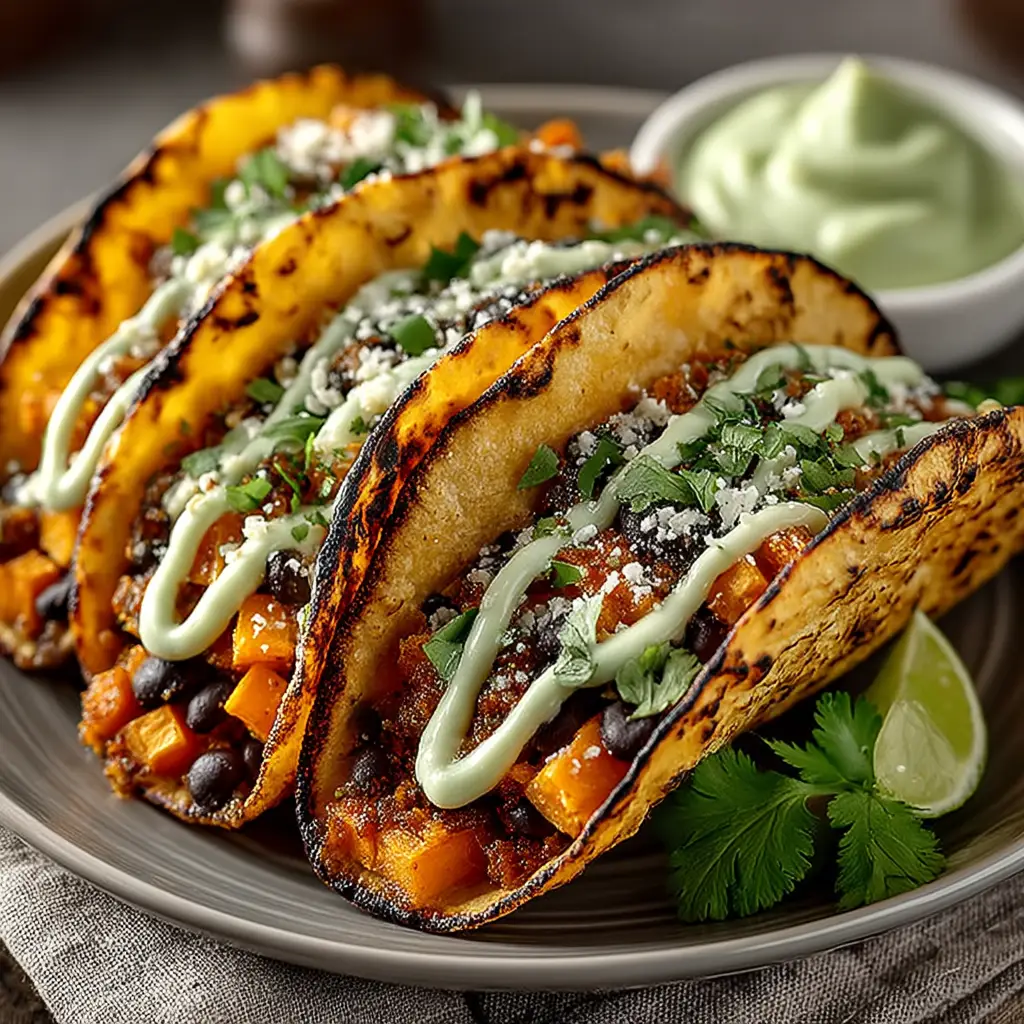 Sweet Potato Tacos (The BEST Easy Recipe!) 1 An overhead shot of sweet potato tacos being assembled, with bowls of ingredients like spiced sweet potato cubes, black beans, and cilantro nearby.