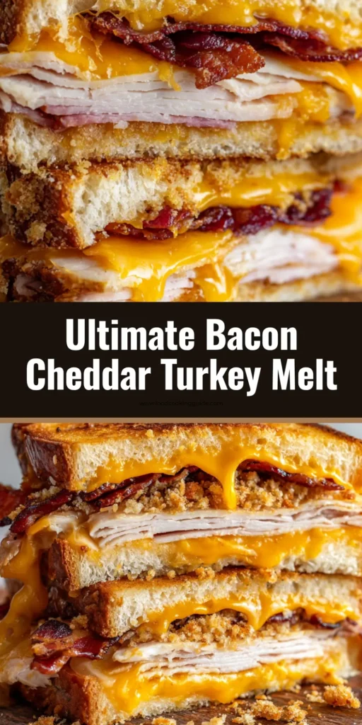A halved Cheddar Bacon Turkey Melt sandwich on a rustic wooden cutting board with gooey orange cheese oozing out.