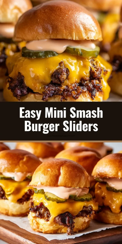 The Ultimate Mini Smash Burger Sliders Recipe 3 A close up handheld smartphone photo of mini smash burger sliders arranged tightly together on a wooden cutting board with shiny sweet roll buns and dripping orange cheddar cheese.