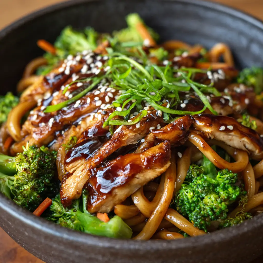 The Best Chicken Teriyaki Noodles Recipe (Sticky & Glossy) 1 Detailed shot of caramelized, seared chicken strips over thick teriyaki udon noodles with green broccoli florets.