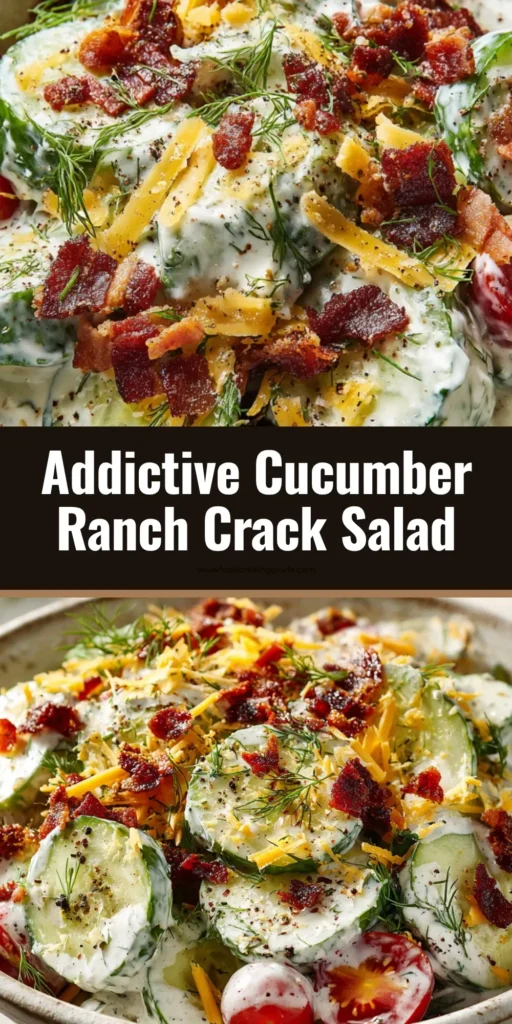 Cucumber Ranch Crack Salad (Creamy & Crispy Recipe) 3 A close up of a creamy cucumber salad in a rustic ceramic bowl with half-moon English cucumbers, halved cherry tomatoes, crumbled crispy bacon, and thick shredded yellow cheddar coated in creamy ranch dressing.