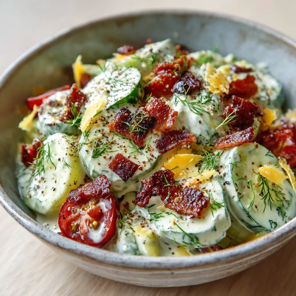 Home 8 Thick half-moon sliced English cucumbers and halved red cherry tomatoes topped with thick shredded cheddar cheese and crumbled bacon in a bowl.