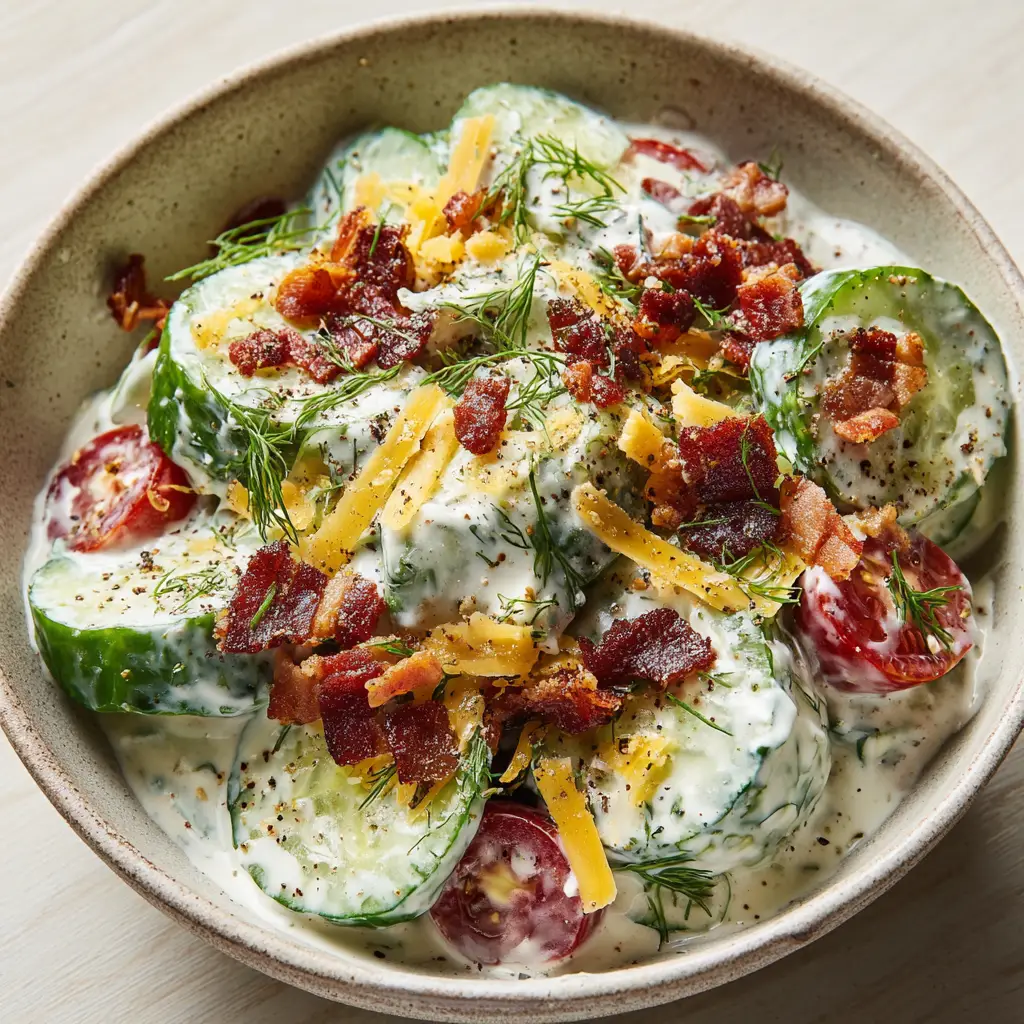 Cucumber Ranch Crack Salad (Creamy & Crispy Recipe) 1 Cucumber Ranch Crack Salad heavily tossed in opaque white ranch dressing and garnished with dried dill and black pepper.