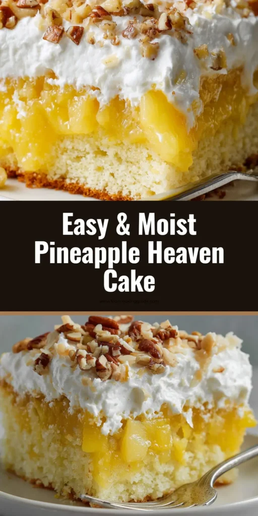 A slice of juicy pineapple heaven cake with crushed pineapple, thick whipped cream, and toasted pecans on a white plate.