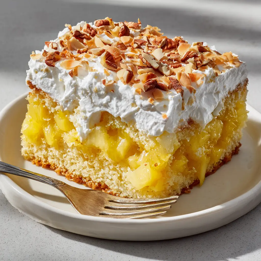 Fluffy white whipped cream frosting topped with toasted pecans on a slice of cake.