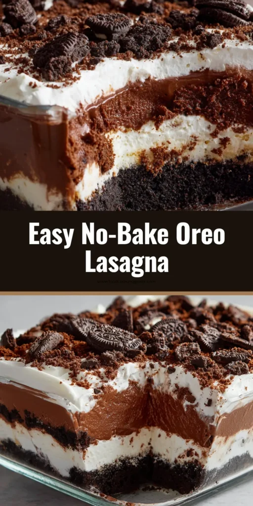 A clean slice of 5-layer Oreo Lasagna in a clear glass baking dish, showing chocolate crust, cream cheese, chocolate pudding, and whipped cream.
