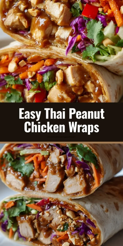 A halved Thai peanut chicken wrap showcasing a dense filling of glossy sauced chicken, orange carrots, purple cabbage, and fresh cilantro.