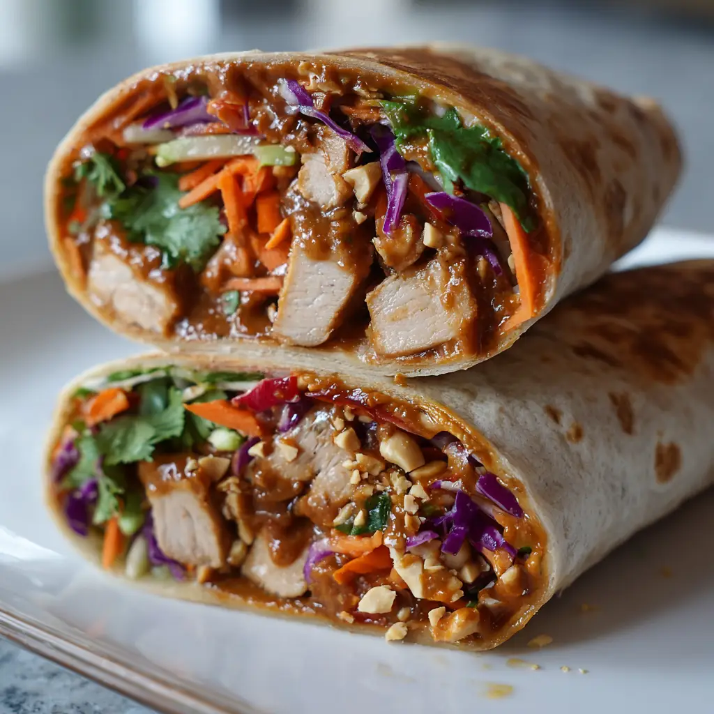 Close-up of a soft flour tortilla wrap cleanly cut in half, revealing thick peanut sauce, grilled chicken, and vibrant raw vegetables.