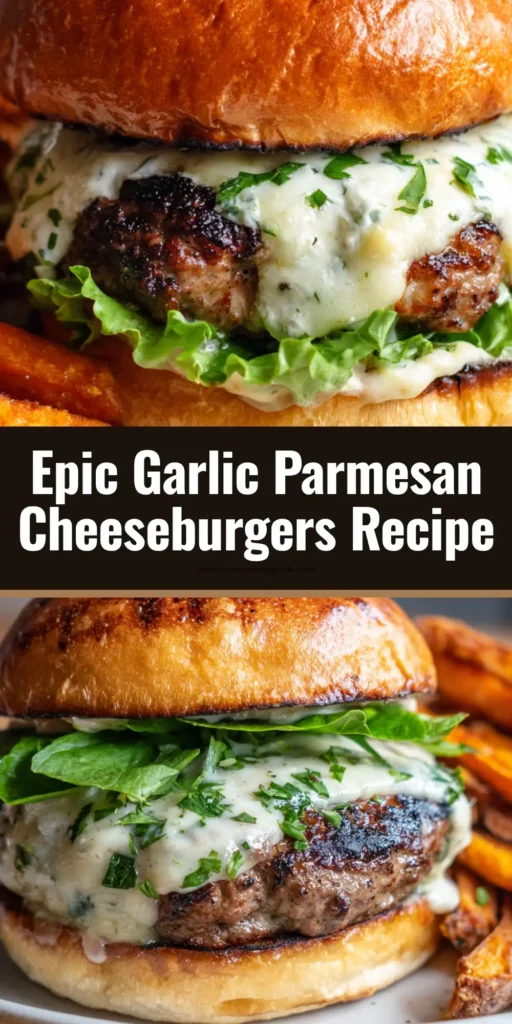 Garlic Parmesan Cheeseburgers with Crispy Sweet Potato Fries 3 A stacked garlic parmesan cheeseburger with green leaf lettuce, a thick grilled patty, melted white parmesan cheese, creamy garlic herb aioli, and sweet potato fries.