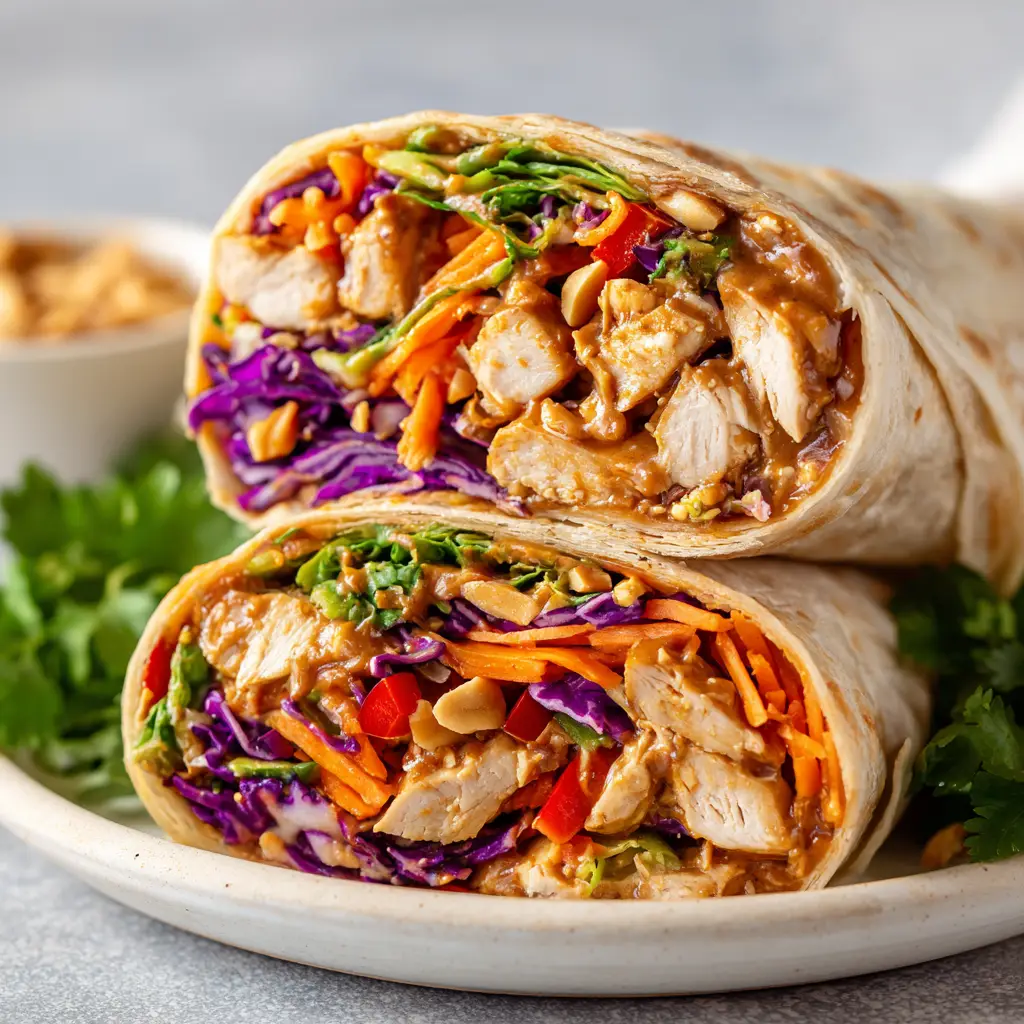 Detailed shot of Thai peanut chicken wrap resting on a white ceramic plate illuminated by natural light.