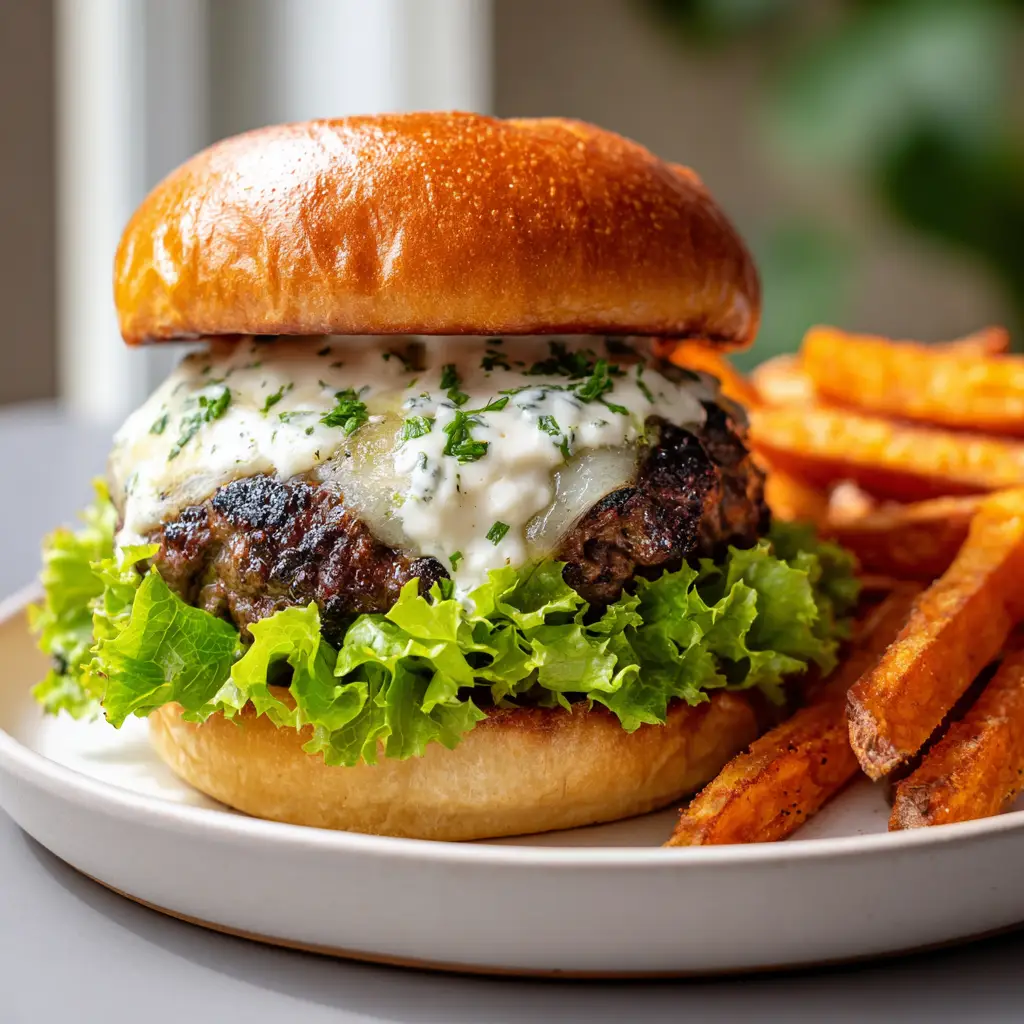 Garlic Parmesan Cheeseburgers with Crispy Sweet Potato Fries 2 Close-up of thick ground beef patties, white parmesan slices, and fresh green lettuce ready for burger assembly.