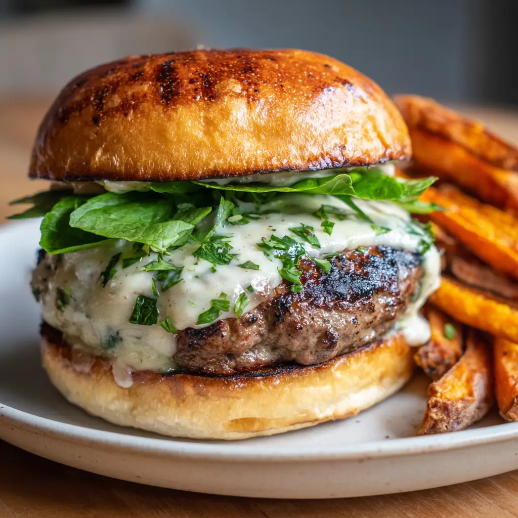 Garlic Parmesan Cheeseburgers with Crispy Sweet Potato Fries 1 A towering garlic parmesan cheeseburger on a white plate showing melted cheese, herb aioli, and charred beef edges.
