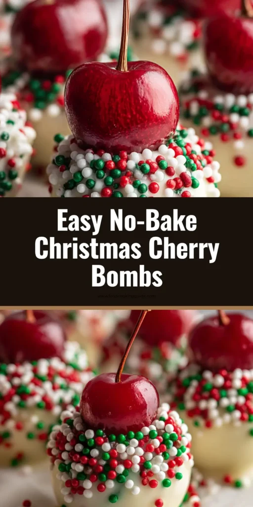 A towering plate of Christmas Cherry Bombs featuring whole fresh cherries dipped in thick white chocolate and coated in festive red, green, and white sprinkles.