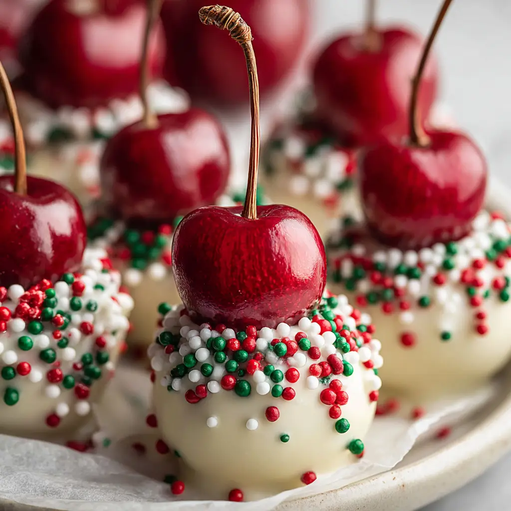 Beautifully decorated Christmas Cherry Bombs resting neatly on a sheet of white parchment paper placed over a simple plate.