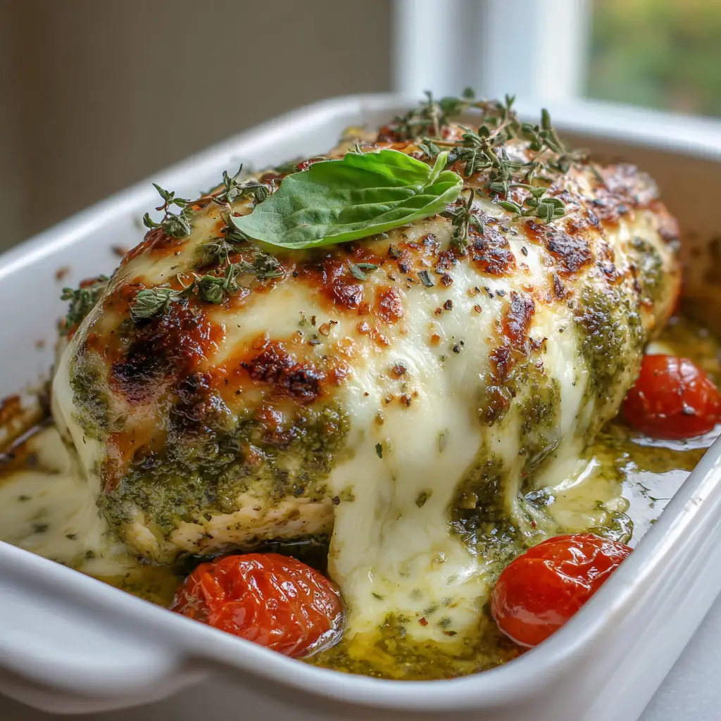 Easy Baked Pesto Mozzarella Chicken 2 Thick raw chicken breast heavily smothered in a textured bright green basil pesto sauce.