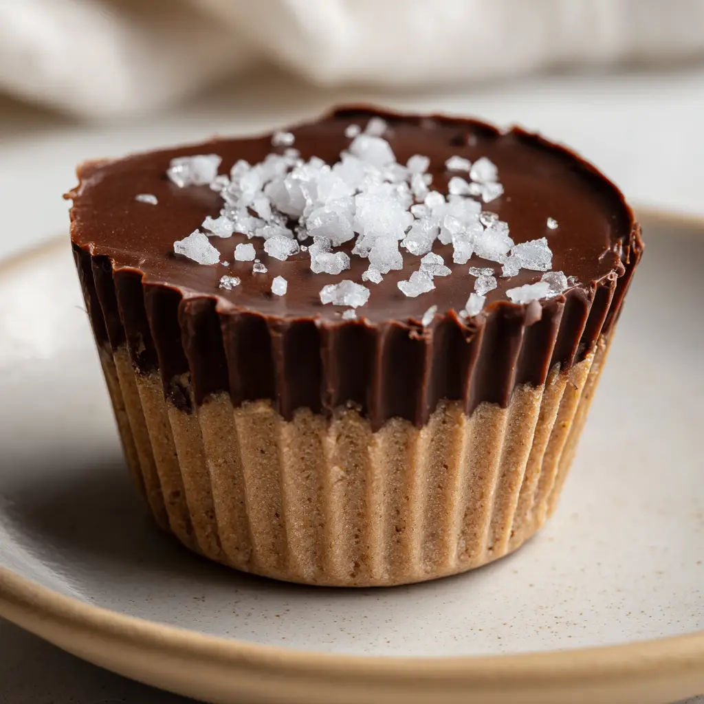 Close up of a single chocolate Greek yogurt cup in a crinkled parchment paper muffin liner resting on a minimalist matte beige ceramic plate.