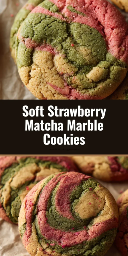 Strawberry Matcha Marble Cookies (Soft & Chewy) 3 A close up of chewy Strawberry matcha marble cookies resting on crinkled parchment paper, highlighting pink and green swirled dough.