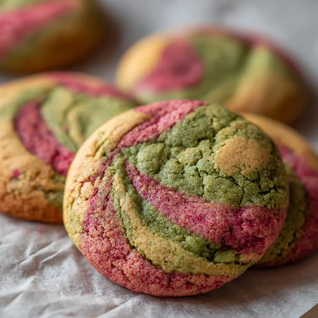 Strawberry Matcha Marble Cookies (Soft & Chewy) 2 Freshly baked marbled cookies showing swirling ribbons of earthy green matcha dough and bright pinkish red strawberry dough.