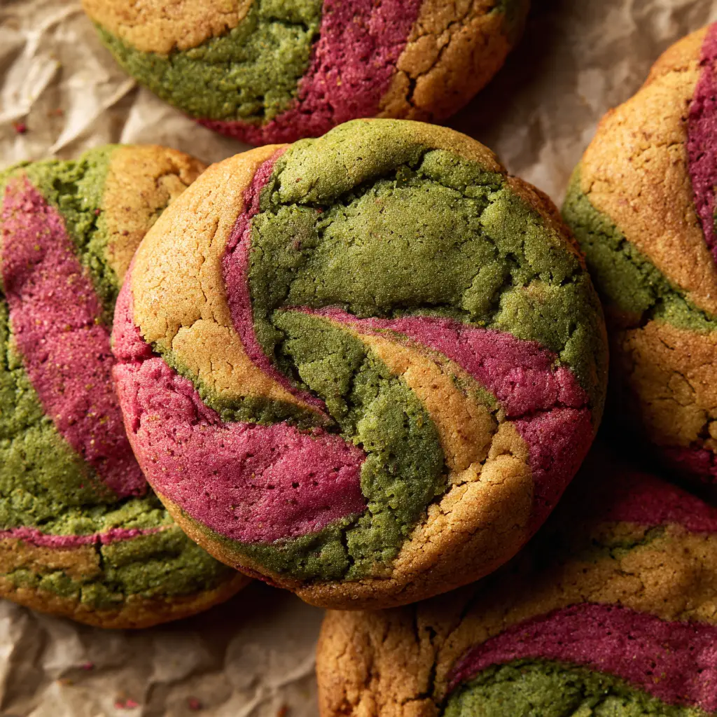 Strawberry Matcha Marble Cookies (Soft & Chewy) 1 Strawberry matcha marble cookies with a slightly cracked texture, thick center, and freeze-dried strawberry specks.