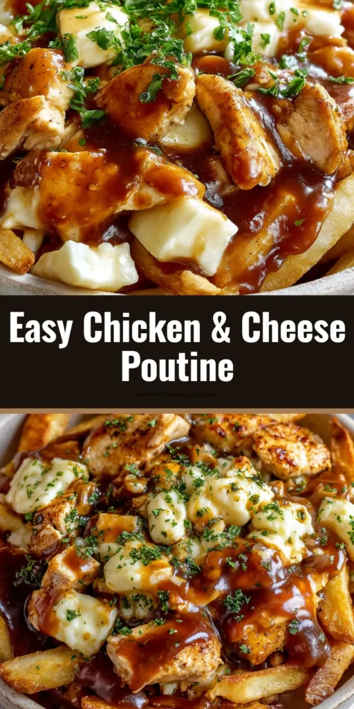 A shallow rustic bowl filled with Chicken and Cheese Poutine, featuring golden french fries, seared chicken, white cheese curds, dark brown gravy, and chopped parsley.