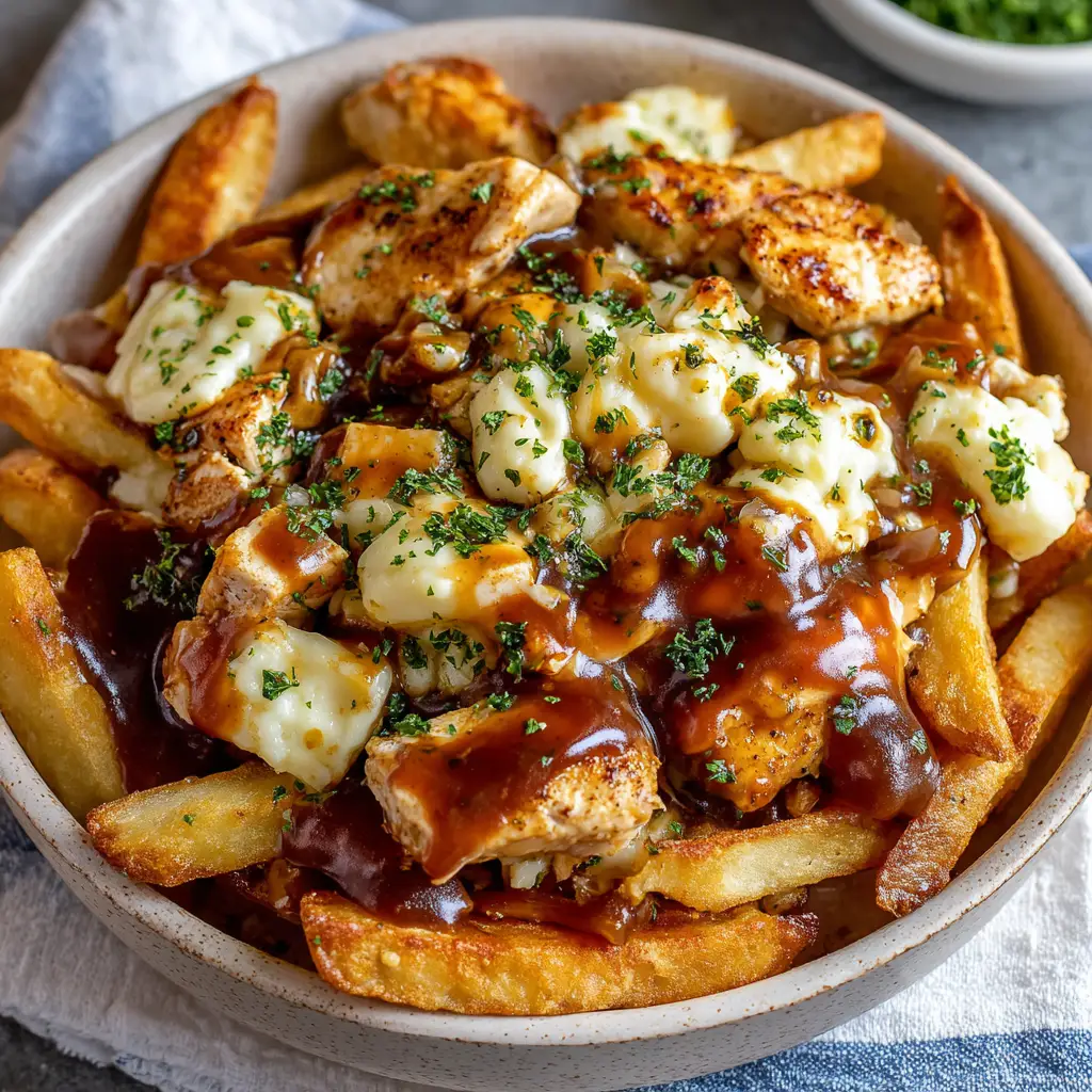 Raw ingredients for Chicken and Cheese Poutine including thick-cut russet potatoes, raw chicken chunks, white cheese curds, and fresh green parsley.