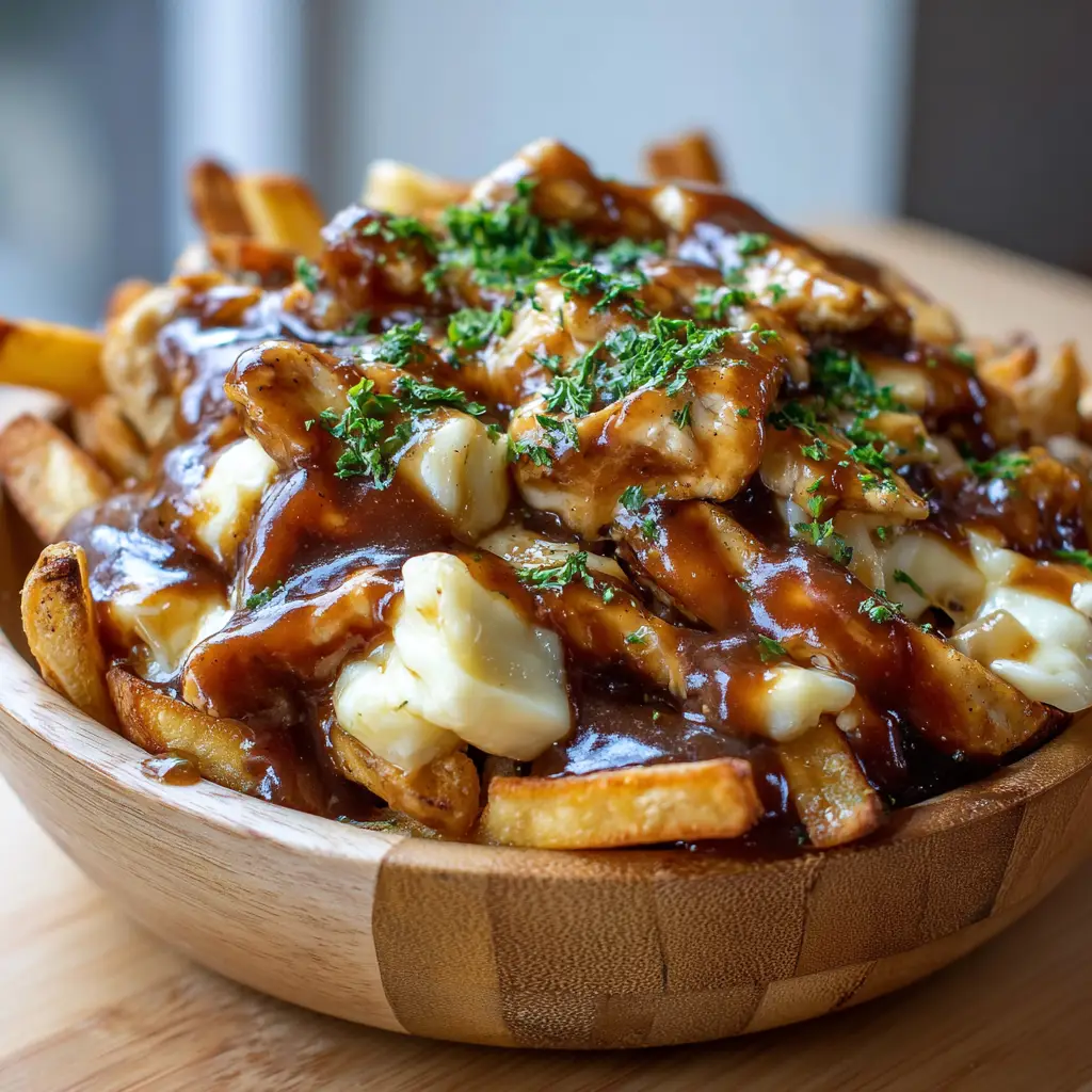 A close up food photography shot of thick-cut crispy golden fries topped with pan-seared chicken chunks.
